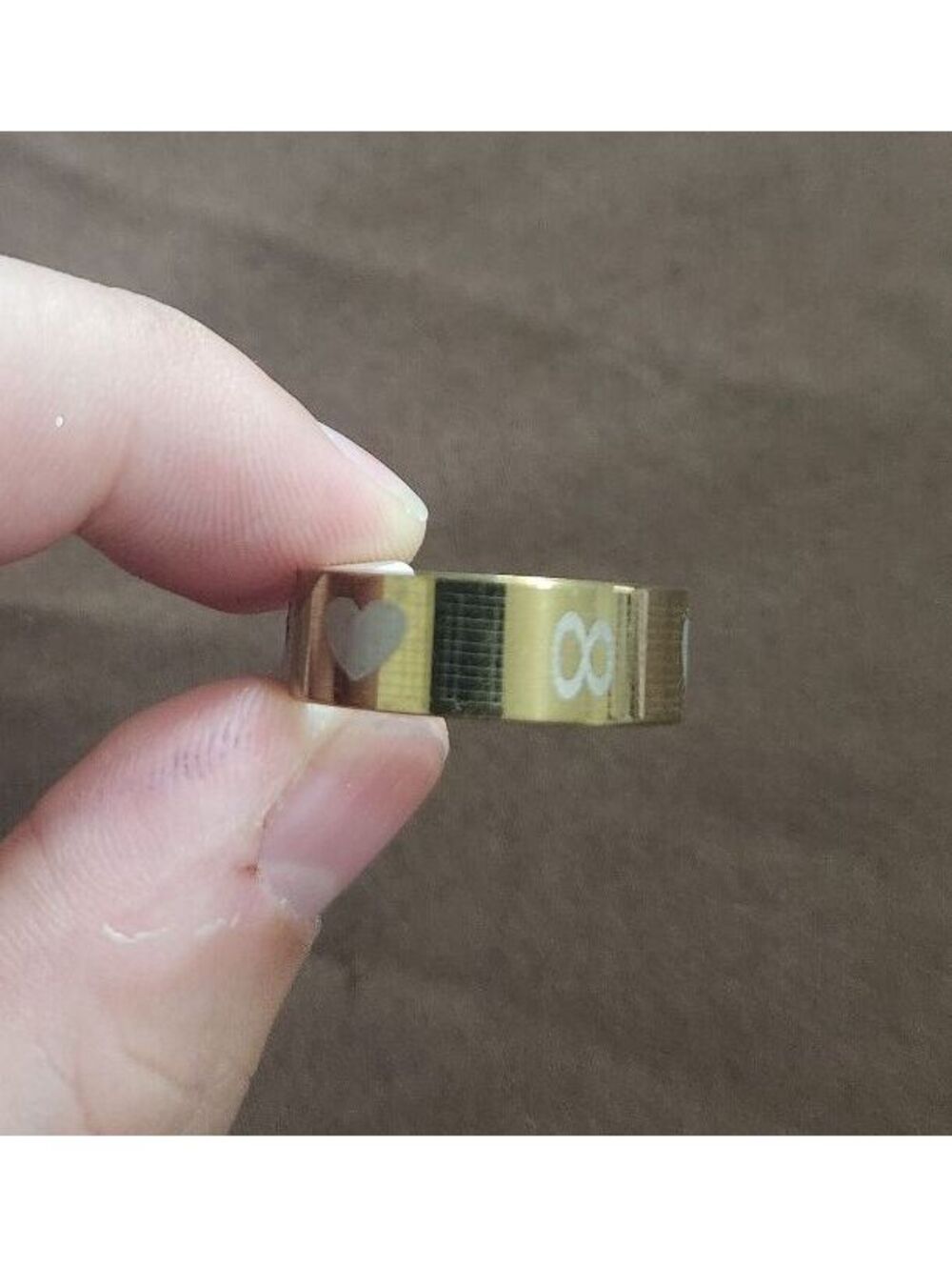 Stainless Steel Gold Tone Ring with Heart and Infinity Symbols Size 19